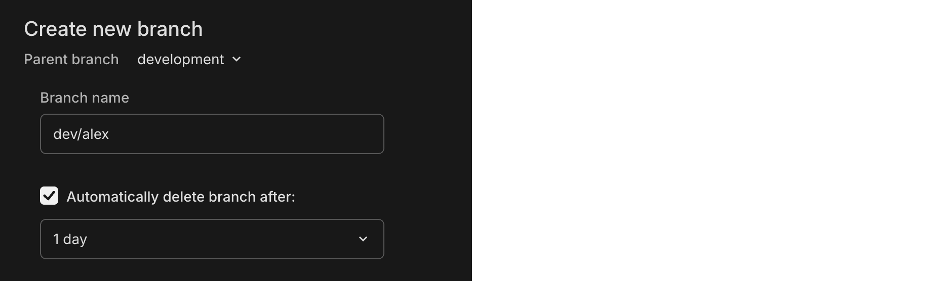 Branch creation dialog with auto-delete enabled by default
