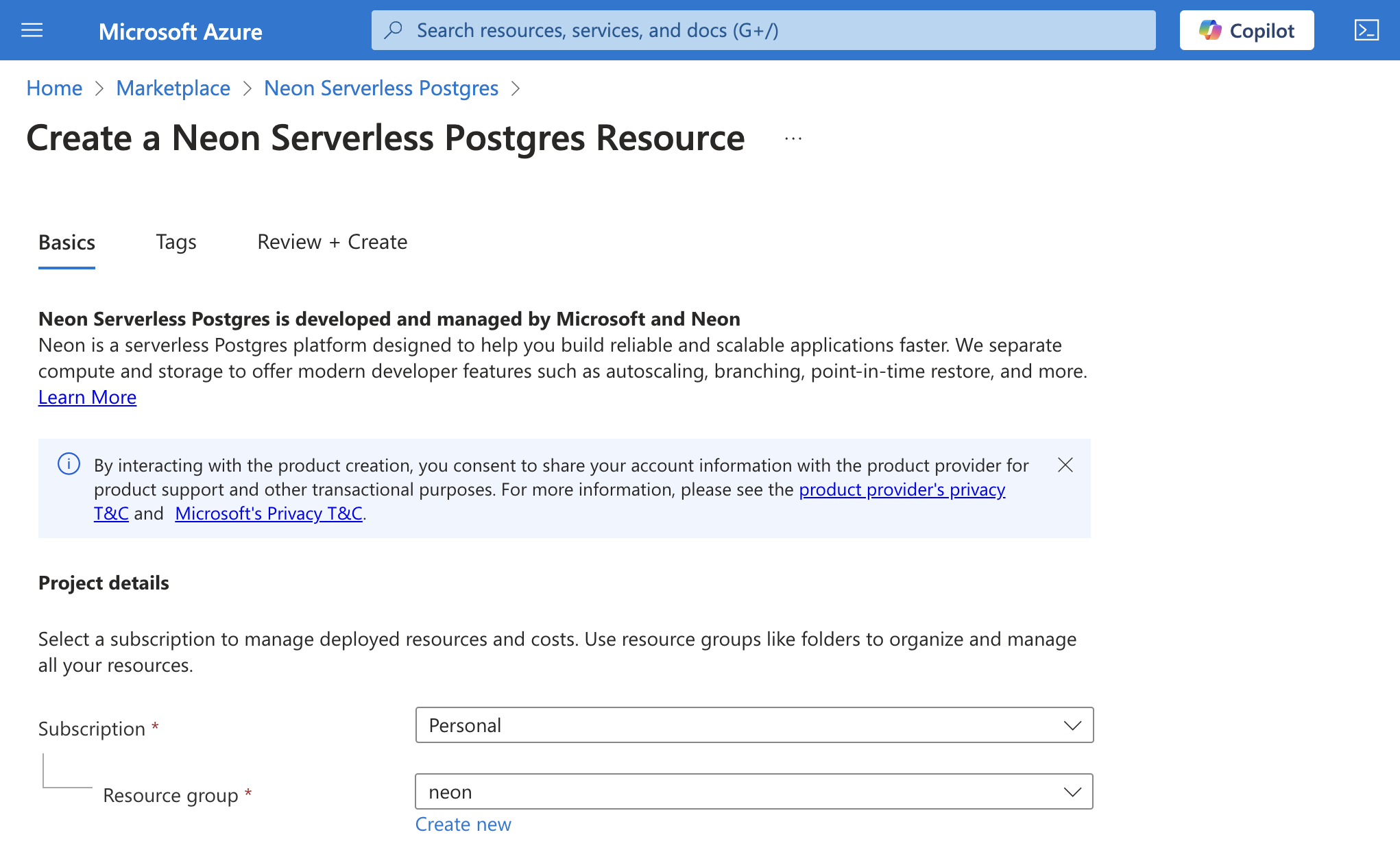 Neon Resource Configuration on Azure