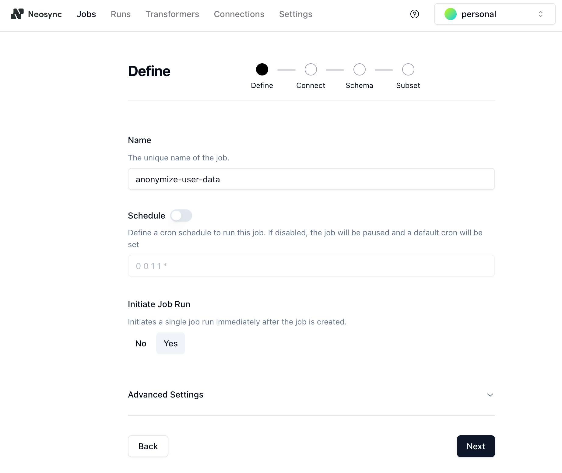 Define Neosync job definition